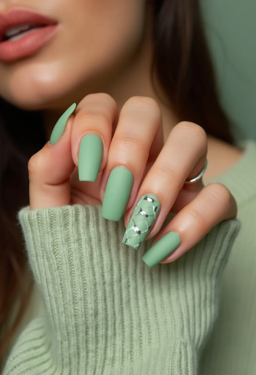 The nail design features a cohesive green color palette, predominantly displayed in a matte finish. The nails are shaped into a coffin or ballerina style, providing a modern and chic look. One accent nail is adorned with an intricate pattern resembling a diamond or quilted design, with metallic silver lines intersecting over the green base for a striking detail. This suggests a sophisticated touch, potentially achieved through a gel nail treatment, known for durability and glossy look even when presented in a matte finish. The design may invoke a seasonal or festive theme, ideal for spring due to the fresh green color, or for the winter season, given the quilted pattern reminiscent of cozy, warm textiles.