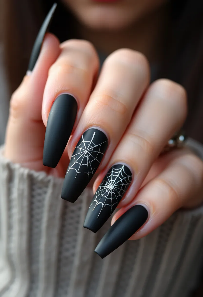 The nail design features a matte black color palette applied using a gel nail treatment. The nails are shaped into a long, tapered coffin style, providing a sleek and modern look. Intricate white spider web patterns are meticulously drawn on some of the nails, creating a striking contrast against the matte black background. This design suggests a Halloween or fall seasonal theme, making it ideal for special occasions during this time of year. The combination of the matte finish and the detailed spider web artwork adds a touch of elegance and spooky sophistication to the overall look.