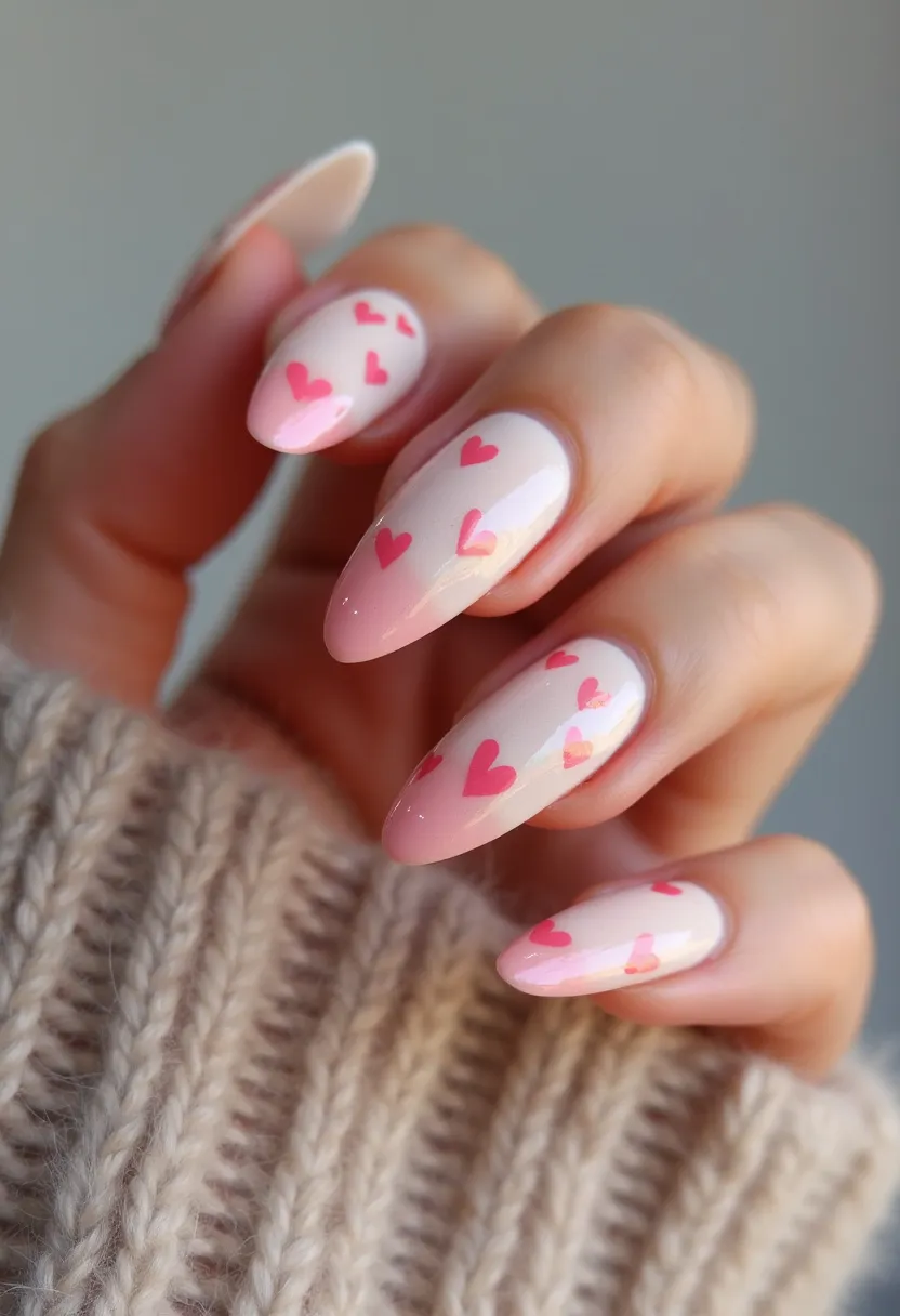 The nail design in the image features a soft, pale pink color palette with delicate red heart patterns scattered across each nail. The nails are shaped in a stylish almond form, providing an elegant and elongated appearance. It appears the treatment used is gel, giving the nails a glossy and shiny finish. The intricate red hearts add a playful and romantic touch, making this design suitable for special occasions such as Valentine's Day or an anniversary celebration. The overall look is clean, sophisticated, and charming, perfect for expressing a theme of love and affection.