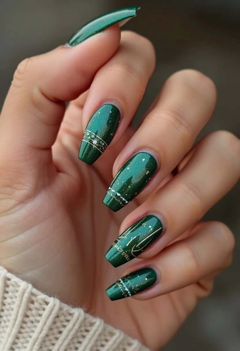 The nail design features a striking emerald green color palette with a glittery finish that adds a festive and elegant touch. The nails are shaped in a long, coffin style, offering a sophisticated and elongating effect. Intricate patterns are created using delicate gold leaf and white dot embellishments, forming elegant lines and dots across each nail that resemble sophisticated jewelry accents. The decorations include fine gold and white striping and dots, creating an intricate, almost festive theme that would be perfect for the holiday season or a special occasion. The treatment appears to be gel, given the high shine and smooth finish, ensuring durability and a lasting effect. The overall look exudes a blend of luxury and seasonal charm.