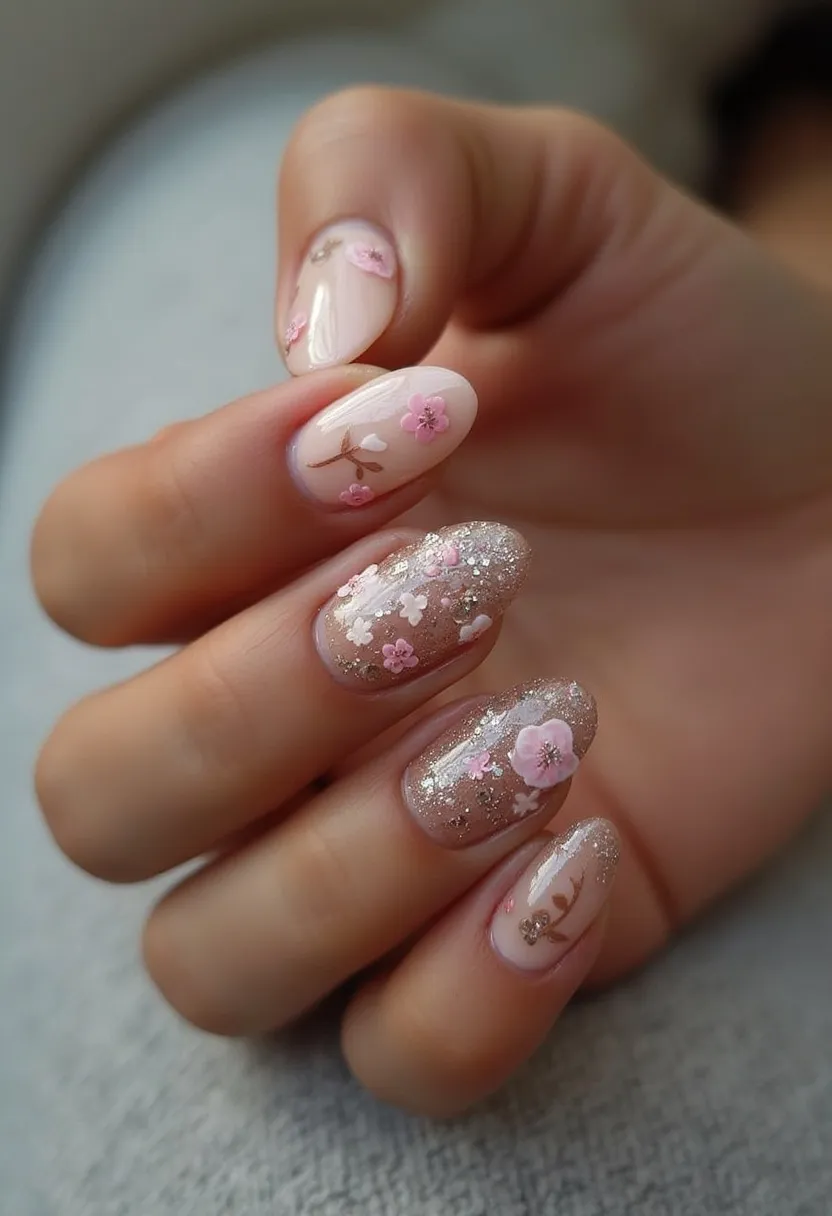 The nail design features a delicate and elegant theme, combining a soft, neutral base color with intricate floral decorations. The nails are almond-shaped and display a blend of light pink, glittery silver, and beige tones. The primary design element is the inclusion of cherry blossom motifs, with detailed pink flowers and brown branches intricately painted on the nails. Some nails are adorned with glittery finishes while others showcase the floral designs more prominently, creating a balanced and harmonious look. The nails appear to be done using a gel treatment, providing a smooth and glossy finish. This design is well-suited for springtime or special occasions such as weddings, due to its fresh and sophisticated aesthetic.