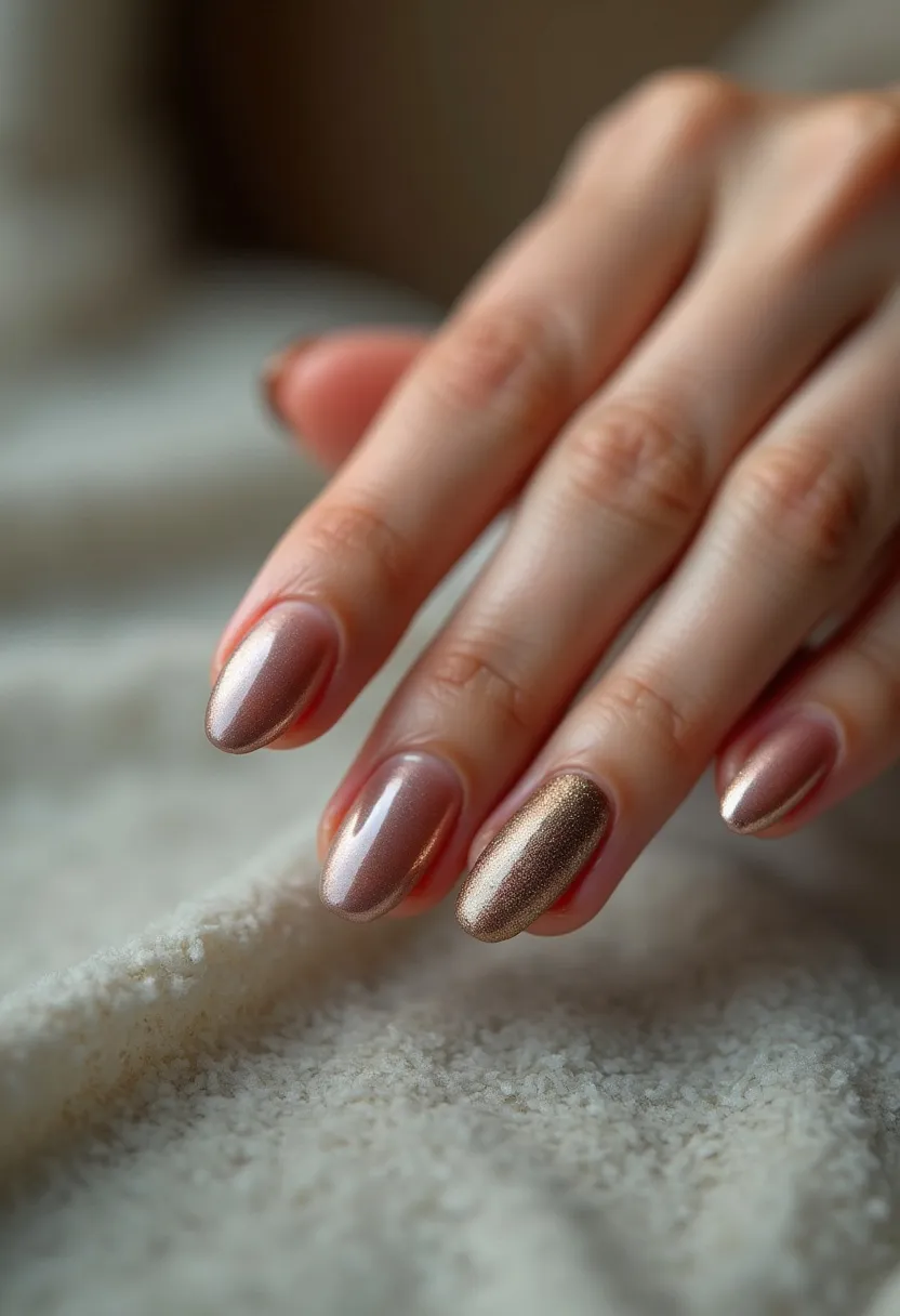 This nail design features a cohesive, metallic color palette primarily consisting of shimmering shades of rose gold and bronze. The nails are shaped in an almond style, offering an elegant and elongating effect to the fingers. Each nail is coated with an even layer of polish, most likely achieved through a gel treatment, providing a glossy and durable finish. The design presents a subtle shift in hues with the ring finger adorned in a more pronounced bronze shade, adding a touch of sophistication and contrast. This versatile and luxurious nail design is suitable for various occasions, including festive celebrations and formal events, and exudes a polished, high-end aesthetic.