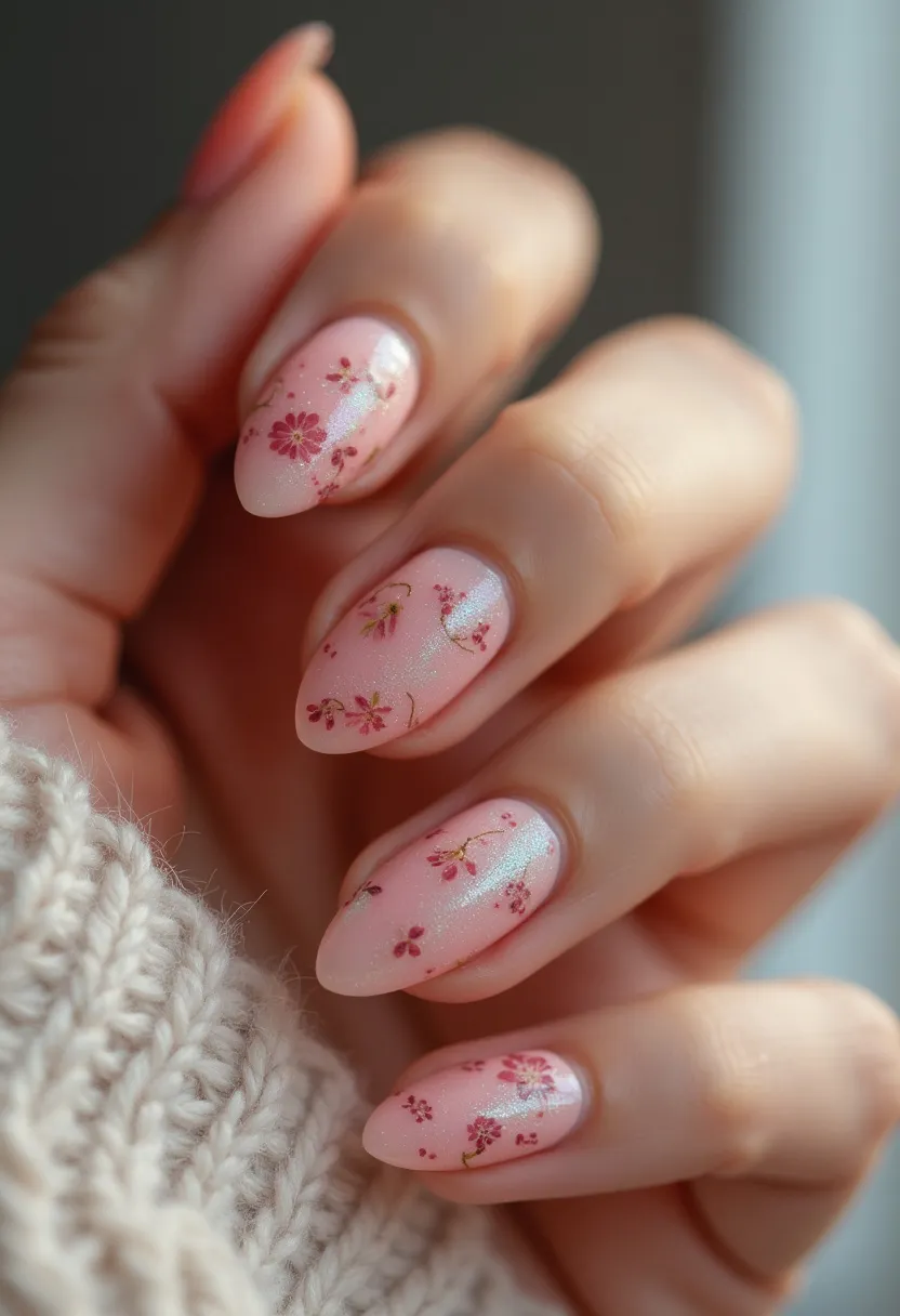 The nail design features a soft and elegant color palette of light pink with a subtle shimmer, suggesting a possible pearlescent or iridescent finish. The nails are almond-shaped, providing a delicate and sophisticated appearance. Intricate floral patterns, consisting of small red and pink flowers with tiny green stems, adorn each nail, adding a touch of femininity and grace. The treatment appears to be a gel manicure, which contributes to the glossy and smooth finish. This design is suitable for spring or romantic occasions due to the floral and pastel elements, emphasizing beauty and freshness.