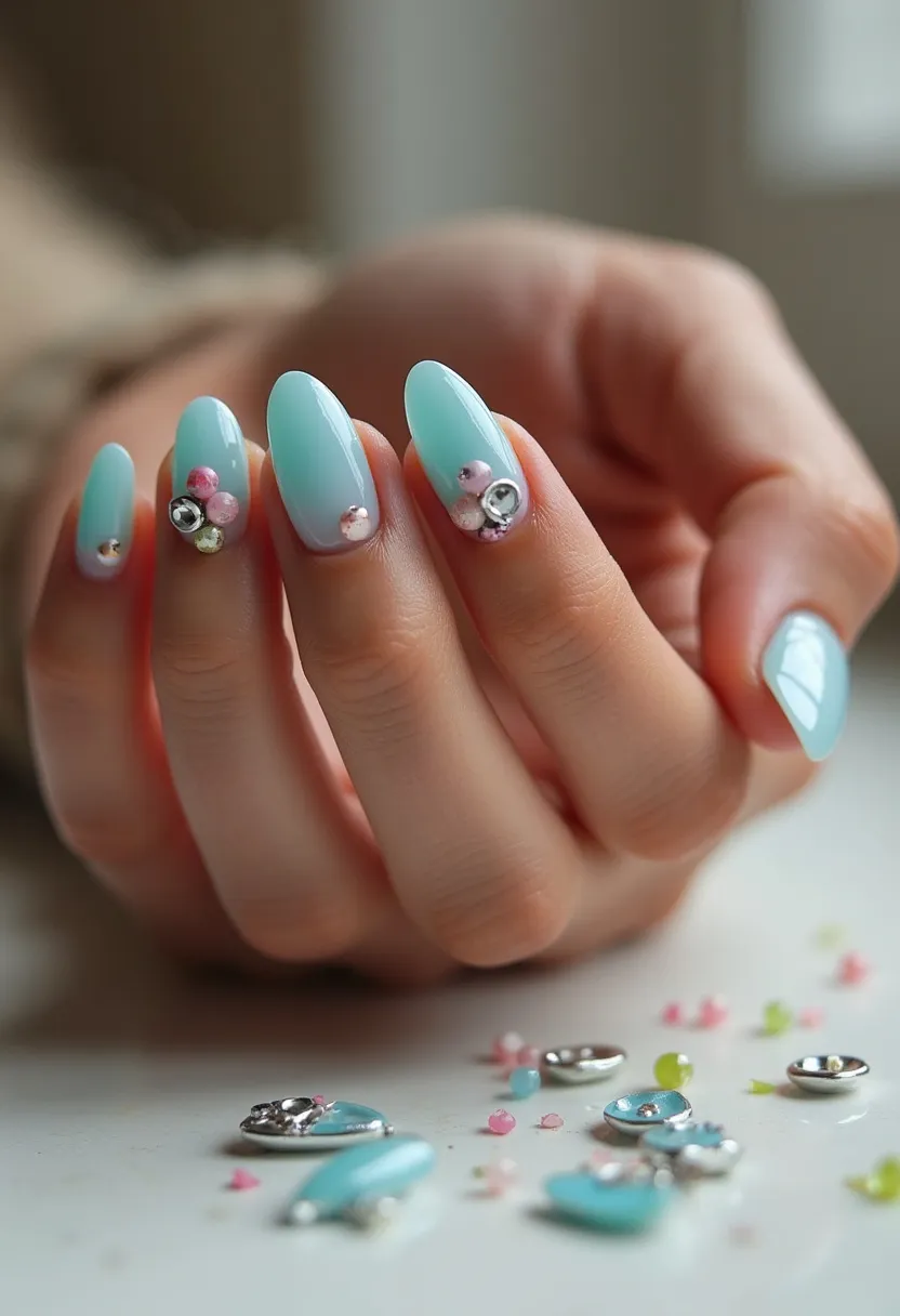 The nail design features a serene pastel color palette with a primary focus on a soft, light blue hue. The nails are almond-shaped, providing an elegant and elongated appearance. Decorative elements include intricate 3D embellishments near the base of the nails, consisting of small, round gems in shades of silver, pink, and white. The overall treatment appears to be achieved through a gel manicure, as indicated by the high-gloss finish and durability necessary to secure the 3D decorations. The design exudes a whimsical and delicate charm, making it suitable for spring or summer seasons and festive occasions like weddings or garden parties. The combination of light blue with subtle pops of color from the gems adds a fresh and lively touch to the overall aesthetic.