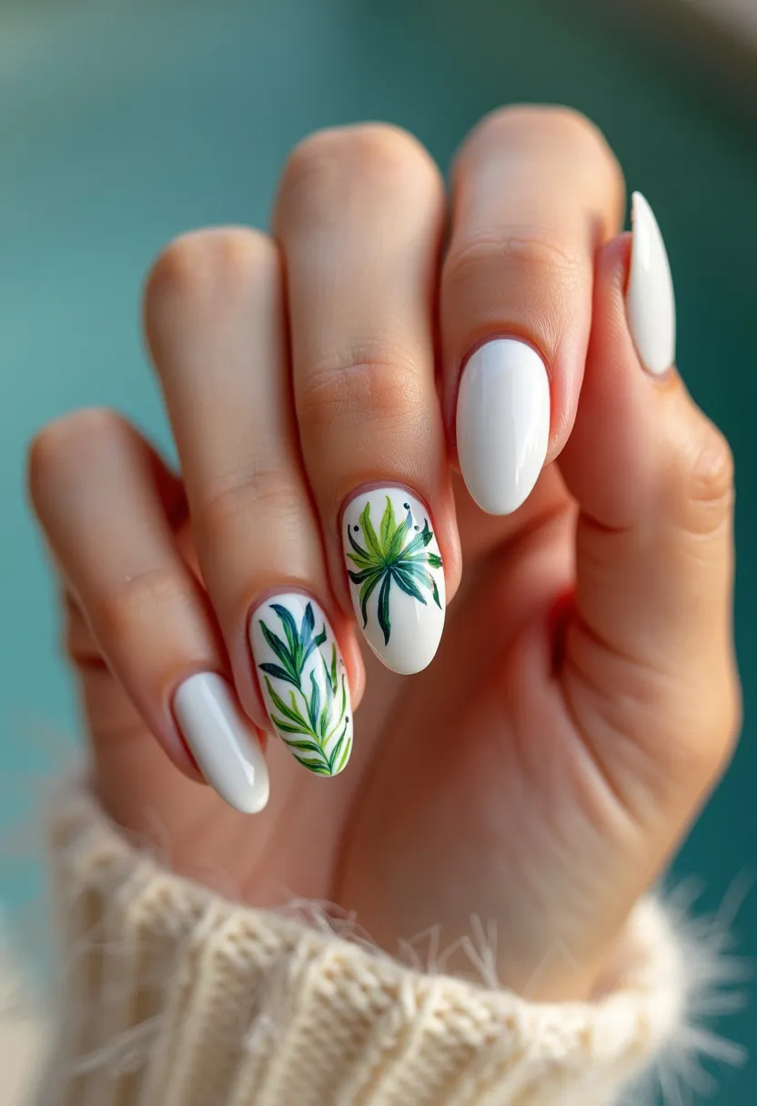 The nail design features a color palette of pristine white, serving as a clean and elegant base. Each nail is shaped into a classic almond form, providing a sophisticated and elongated silhouette. Intricate patterns decorate two of the nails, showcasing detailed and delicate green botanical designs reminiscent of lush foliage. These hand-painted leaves vary in shades of green, adding depth and a touch of nature-inspired beauty. The type of nail treatment appears to be gel, as indicated by the glossy and smooth finish, ensuring durability and a long-lasting shine. The overall design is fresh and vibrant, making it particularly suitable for spring or summer seasons, or for special occasions that call for a touch of understated natural elegance.