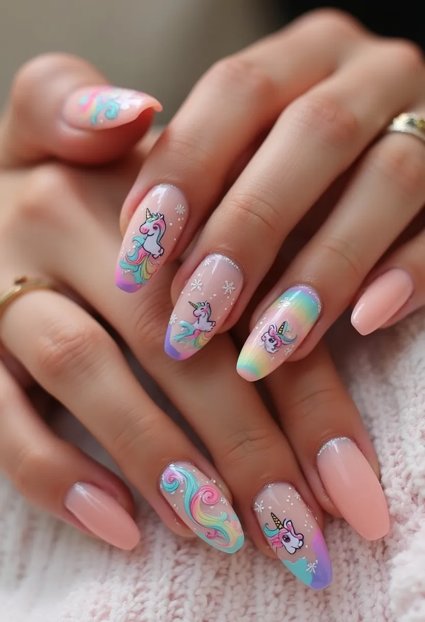 This nail design features a whimsical, pastel-themed unicorn motif that is both playful and intricate. The nails are medium length with an almond shape, providing a delicate and feminine look. The color palette consists of soft pastel shades including light pink, lavender, blue, green, and yellow, creating a gradient and iridescent effect on some nails. Several nails are adorned with detailed unicorn designs, each unicorn decorated with a pastel-colored mane. Additionally, small white star and snowflake patterns are delicately placed around the unicorns, further enhancing the fantasy theme. The nails appear to be treated with gel, giving them a glossy and smooth finish that highlights the intricate details and vibrant colors. This design is perfect for a playful, magical aesthetic, suitable for whimsical occasions or a unique seasonal look.