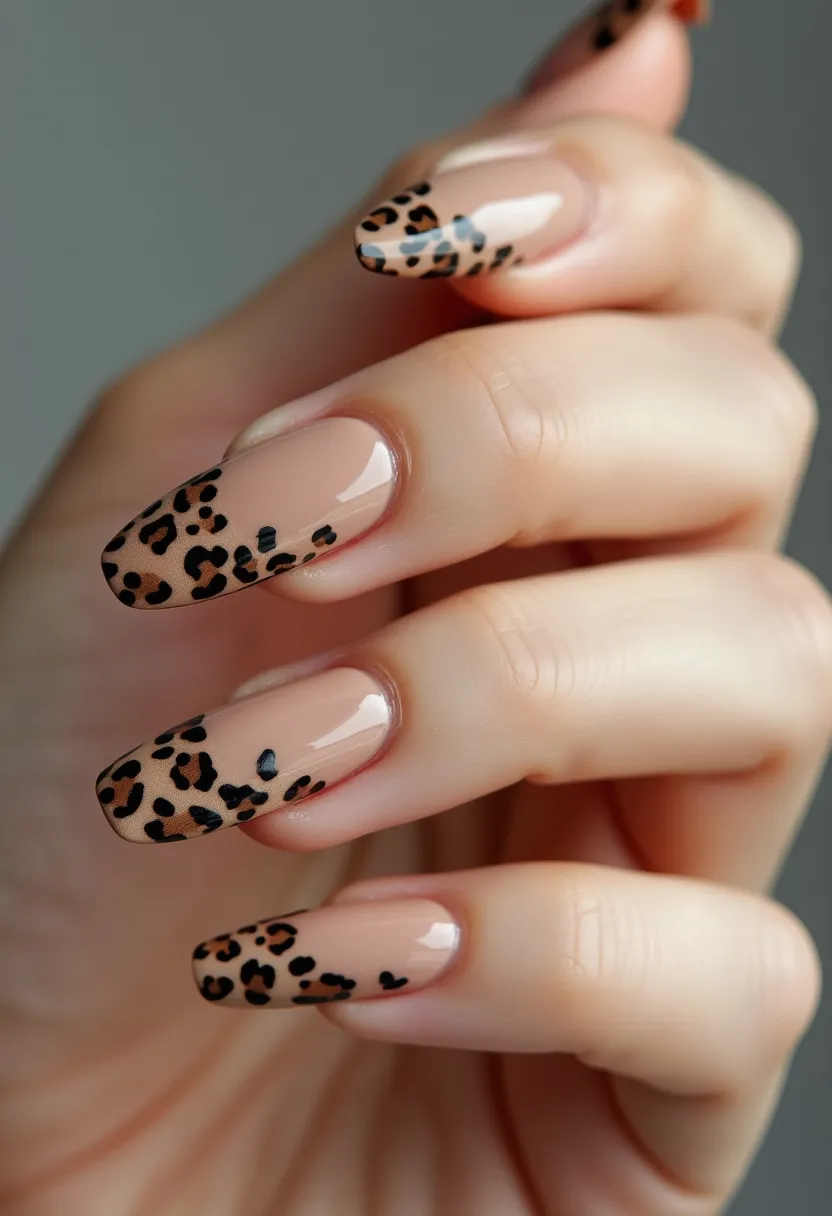 The nail design features a classic almond shape and utilizes a neutral beige base color, ideal for a sophisticated and chic look. The primary decoration on the nails is a leopard print pattern, intricately placed on the tips of each nail, which is executed in a combination of dark brown and black spots, adding a touch of wild elegance. The nails appear to have a gel treatment, providing a high-gloss finish that enhances the durability and overall aesthetic of the design. This stylish nail artwork is versatile and can be appropriate for a range of occasions, from casual outings to more formal events, embodying a timeless yet trendy appeal.