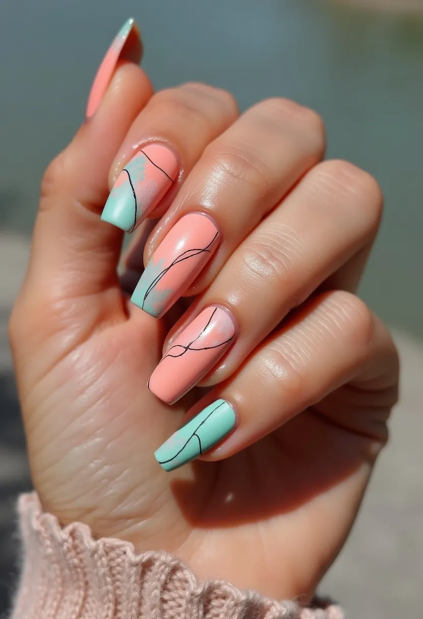 The nail design features a lively color palette combining pastel peach and mint green, with a smooth gradient transition between the two colors on each nail. The nails are shaped in a squared style, lending a modern and clean look. Intricate black line art flows across the nails, adding a sophisticated touch to the overall design. The nails appear to have been treated with a gel polish, giving them a glossy and durable finish. This nail design is possibly inspired by spring or summer themes, evoking a fresh and vibrant feel suitable for those seasons. The abstract pattern and bright colors could also make it an ideal choice for festive or celebratory occasions.