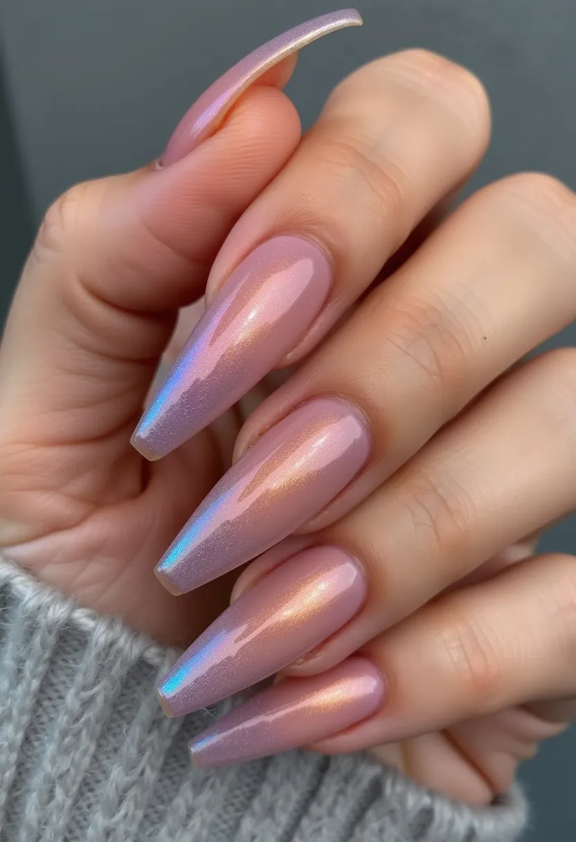 The nails feature a stunning color palette that includes a shimmering, iridescent blend of pink and subtle blue hues. They are long with a coffin shape, featuring a sleek and elegant finish. The design appears to be a gel or acrylic nail treatment, given the high gloss and smooth texture. The iridescence gives the nails a holographic effect, adding a unique and eye-catching dimension to the simple yet sophisticated look. This design is versatile, making it suitable for various occasions, from everyday wear to special events, adding a touch of glamour to any outfit. The shimmer and gloss suggest a modern, chic style, perfect for those looking to make a subtle yet bold statement with their nails.