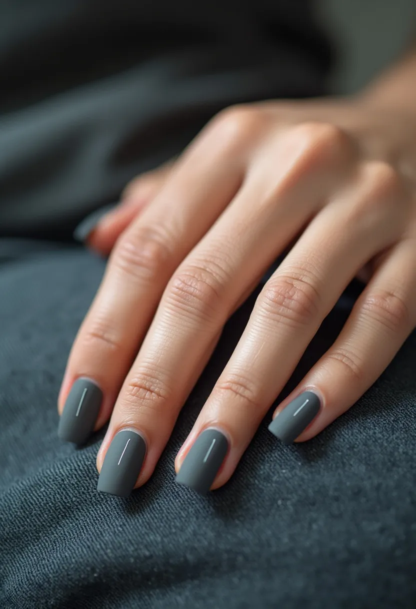 The nail design showcases a sleek and modern look with a solid, matte gray color palette. The nails are shaped in a medium length with a square tip, lending a clean and sophisticated appearance. There are no intricate patterns or additional decorations, emphasizing a minimalist style. The nail treatment appears to be a gel manicure, providing a smooth, even finish and durable wear. This nail design can be considered versatile for any season or occasion, particularly suitable for both professional settings and casual everyday wear due to its understated elegance.