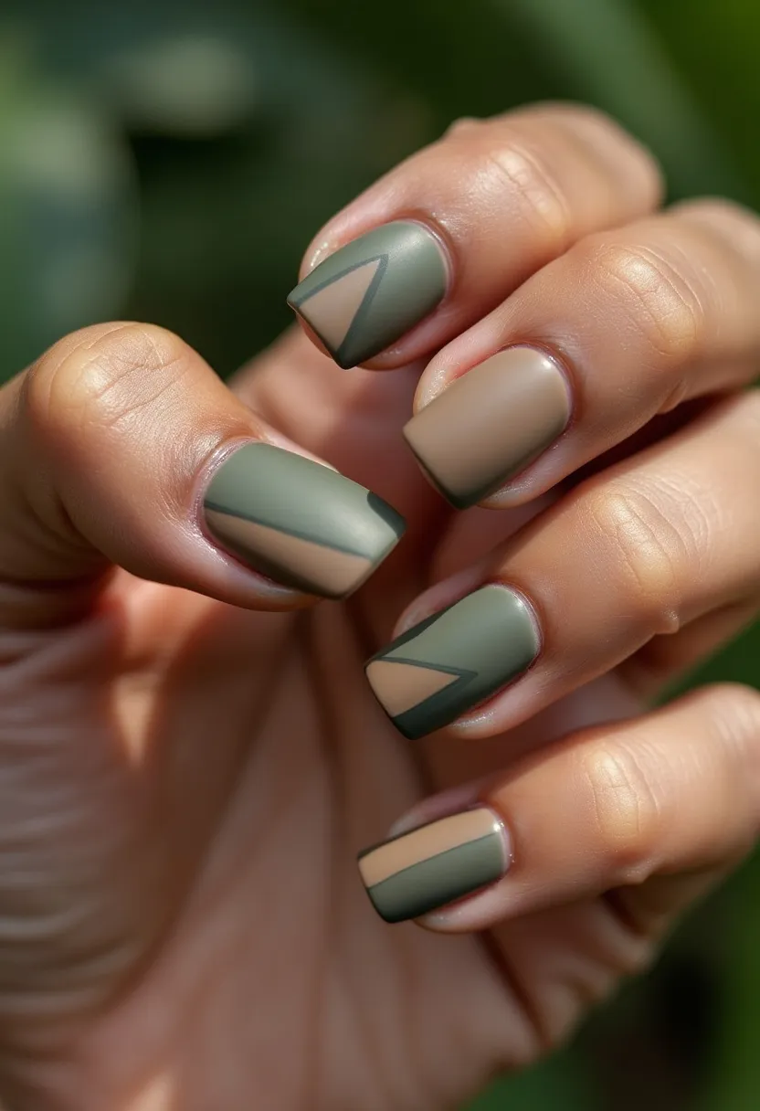 The nail design features a color palette of muted green and beige hues, creating an earthy, sophisticated look. The nails are short and shaped with a square tip. The intricate pattern includes geometric shapes with diagonal lines and triangular sections alternating between the green and beige shades. The finish suggests a matte gel treatment, enhancing the modern aesthetic of the design. The simplicity and earth tones indicate this nail art may be suitable for a fall or winter season theme, exuding a subtle yet stylish vibe ideal for various occasions.