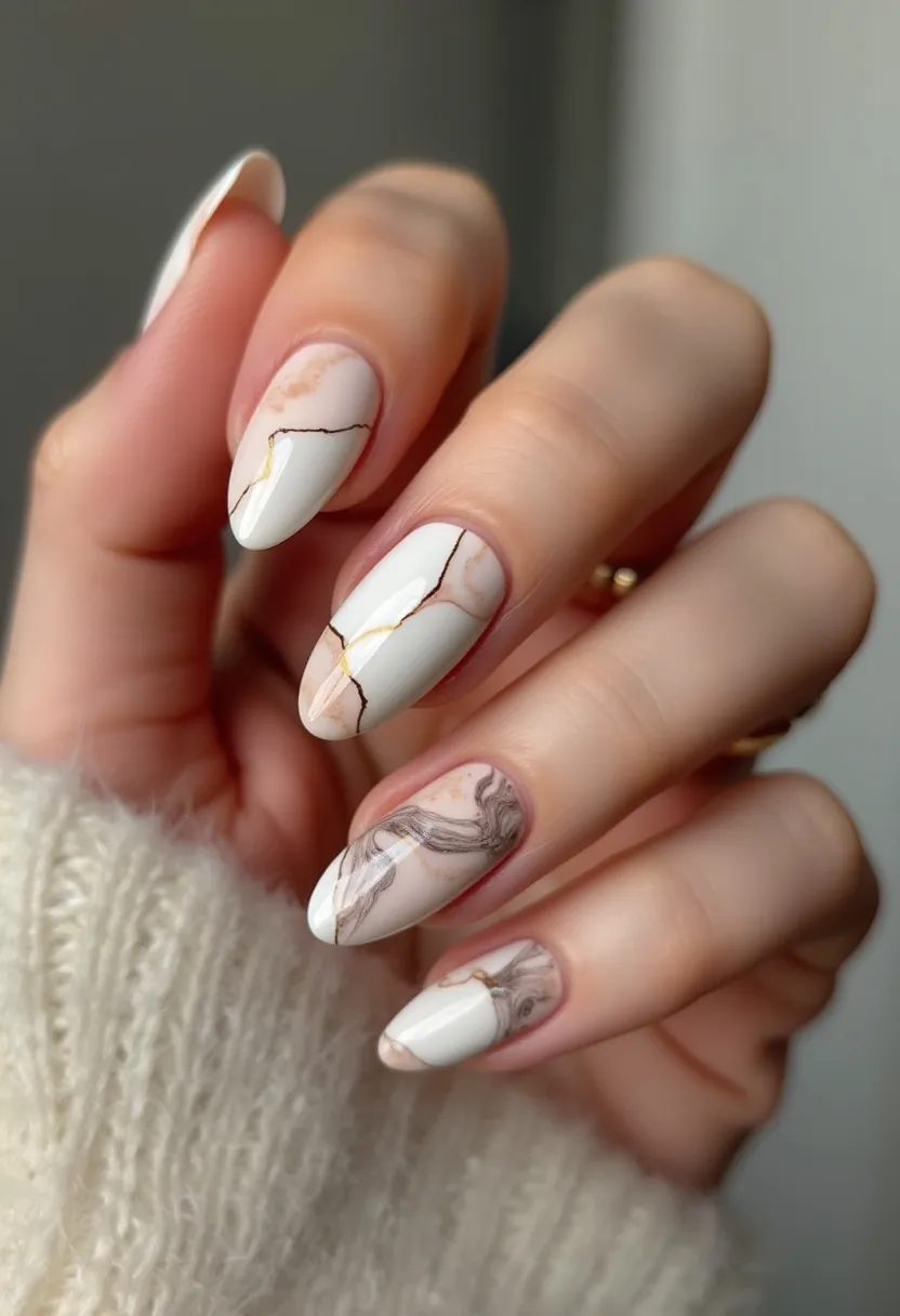 This nail design features a soft and elegant color palette, mainly consisting of off-white, nude, and muted brown tones, resembling a marble effect. The nails are almond-shaped, enhancing the delicate and sophisticated look. The intricate patterns include a mix of smooth, marbled swirls and fine gold and brown lines that mimic the appearance of cracked porcelain or stone veining. This suggests that the design is inspired by the Kintsugi art form, where broken pottery is repaired with lacquer mixed with powdered gold. The treatment appears to be gel, ensuring a glossy and durable finish. The overall aesthetic is refined and versatile, suitable for both casual wear and special occasions, particularly those in the colder seasons like autumn or winter.