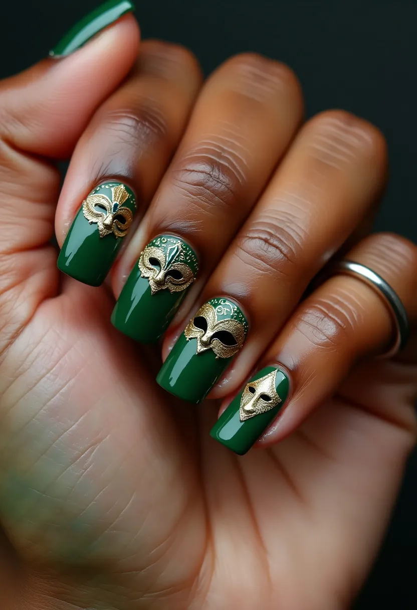 The nail design features a lush green color palette on medium-length, square-shaped nails. Each nail is adorned with an intricate gold metal decoration in the form of a regal mask, showcasing ornate detailing that exudes a festive or elegant theme likely suitable for a special occasion. The nails appear to have a glossy finish, suggesting they may be treated with gel polish to enhance the shine and durability. The combination of green and gold gives the design a rich, sophisticated look, making it versatile for a seasonal theme, possibly autumnal or holiday-related. The unique ornamental masks add a touch of drama and luxury to the overall aesthetic.