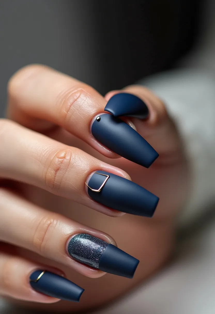 The nail design features a bold and elegant color palette dominated by a matte, deep navy blue, which appears on most of the nails. The nails are shaped into a modern square-tip form, which complements the sophisticated look. Intricate patterns include small, gold metallic elements: a dot on one nail, a minimalist geometric outline on another, and a thin, curved accent on another, adding subtle yet striking detail. One nail stands out with a shimmering silver glitter, creating a contrast to the matte finish and adding a touch of glamor. The nails are likely treated with a gel or acrylic for their smooth and resilient finish. The overall design is suited for a formal or festive occasion, perhaps suitable for a winter or evening event due to its rich, dark hues and elegant embellishments.