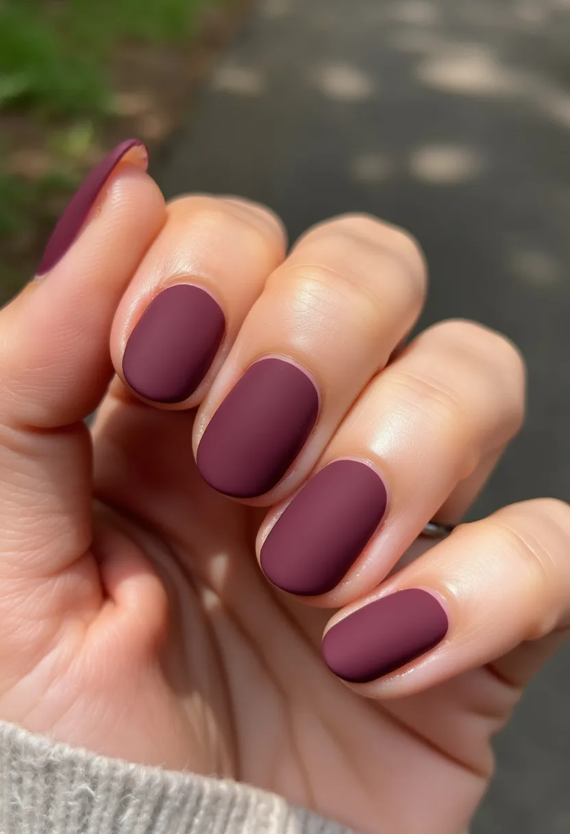 The nail design showcases a cohesive and elegant look, featuring a matte plum color palette. The nails are shaped in a short, rounded style that gives a neat and sophisticated appearance. There are no additional intricate patterns or decorations, allowing the matte plum color to be the central focus of the design. The type of nail treatment appears to be a gel manicure, given the smooth and flawless finish with added durability common to gel treatments. This design could be fitting for the fall season or special occasions requiring a more subdued yet stylish aesthetic, providing a touch of class and warm tones suitable for various settings.