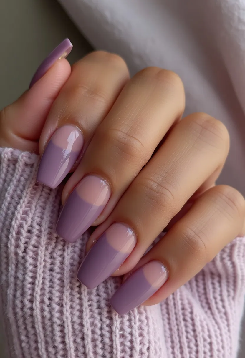 The nail design features a sophisticated color palette consisting of a soft, muted lavender shade that covers the tips and extends down to a rounded cut-off near the base of the nails, leaving a natural, sheer space. The nails are shaped in a long, square style, providing a modern and elegant look. There are no intricate patterns, but the design includes a chic half-moon negative space that adds a unique touch. The nails appear to have a glossy finish, indicating a gel or shellac treatment, which enhances the shine and longevity of the design. This stylish manicure can be perfect for the spring season or special occasions, where both simplicity and elegance are desired.