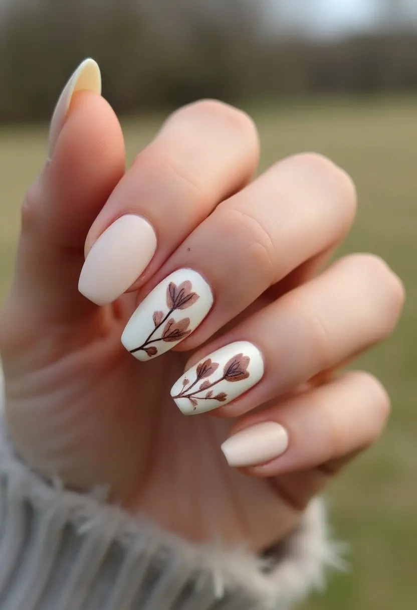 The nail design features a soft, neutral color palette with a creamy beige base color on most nails. The nails are almond-shaped, providing a sleek and elongated appearance. An intricate pattern of delicate brown floral branches decorates the accent nails, adding an elegant and natural touch to the design. The flowers have a subtle mix of brown shades, blending seamlessly with the overall theme. The type of nail treatment appears to be a gel polish, given the smooth, glossy finish and durability. This elegant, nature-inspired design is suitable for the autumn season or for special occasions that call for a sophisticated and understated look.