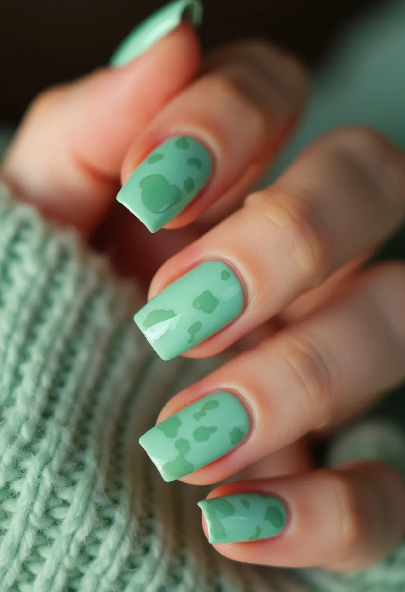 The nail design features a soothing pastel green color palette that creates a refreshing and serene look. The nails are medium length and have a square shape, providing a clean and modern aesthetic. The design includes a mix of glossy and matte finishes, with intricate, abstract patterns that resemble water droplets or camouflage spots. These intricate patterns are created using a slightly darker green shade, adding texture and depth to the otherwise smooth surface. The nail treatment appears to be gel, given the glossy finish and durability. This design could be suitable for a spring or nature-inspired theme, reflecting a fresh and rejuvenating vibe perfect for the season.