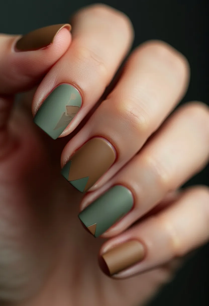 This nail design features a sophisticated and earthy color palette primarily consisting of matte olive green and brown hues. The nails are styled in a medium square shape, providing a balanced and modern look. Intricate geometric patterns, such as angular color block designs and small triangular accents, add a distinctive and artistic touch to each nail. The design appears to be executed with a gel treatment, lending a smooth and long-lasting finish. The overall aesthetic is reminiscent of nature-inspired or autumnal themes, making it an excellent choice for the fall season or outdoor-themed occasions.