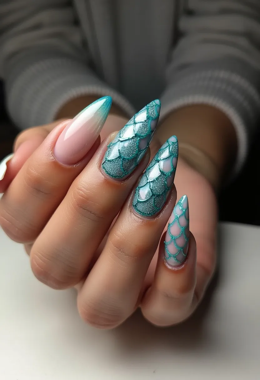 The nail design showcases a striking combination of teal and white hues, featuring an elaborately intricate pattern inspired by mermaid scales. The nails have a stiletto shape, lending a dramatic flair to the overall look. The primary color palette includes shimmering teal green and subtle white, enhanced by a glistening teal outline. The middle fingers exhibit a full-scale mermaid pattern, while the index finger has a gradient white-to-teal effect with a smooth finish. The pattern and the glossiness suggest a gel or possibly acrylic treatment, ensuring the design remains glossy and long-lasting. The scales look hand-drawn and carefully detailed, elevating the nails to a work of art. The theme is undoubtedly nautical, likely inspired by oceanic elements, making this design an excellent choice for summer or beach-related occasions.