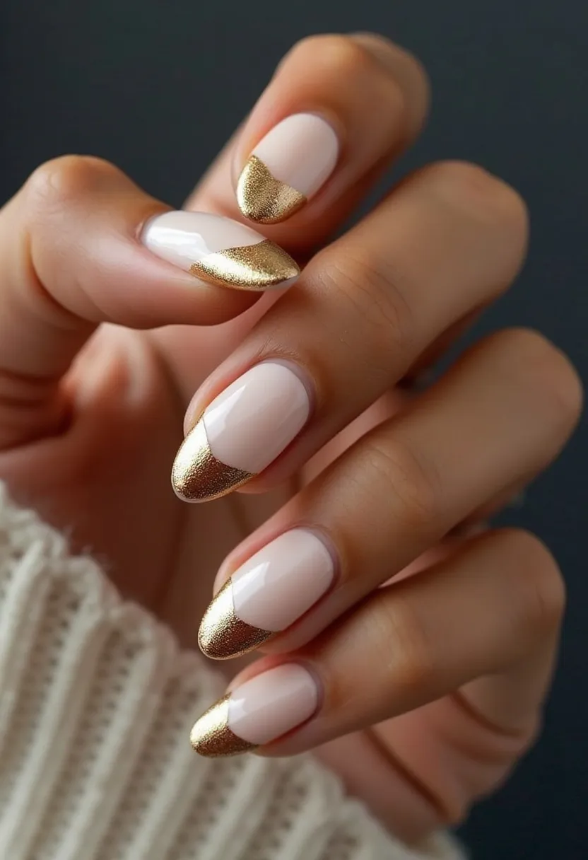 The nail design features almond-shaped nails adorned with a sophisticated semi-translucent nude base color, elegantly contrasted by metallic gold tips. The nails exhibit a stylish French manicure twist, with the tips painted in a diagonal swipe of gold, adding a modern yet luxurious touch to the classic look. The design suggests a gel or shellac treatment due to the glossy finish, ensuring long-lasting wear and a sleek, polished appearance. The color palette of nude and gold lends itself well to special occasions or festive events, making it versatile for both daily elegance and celebratory sophistication.