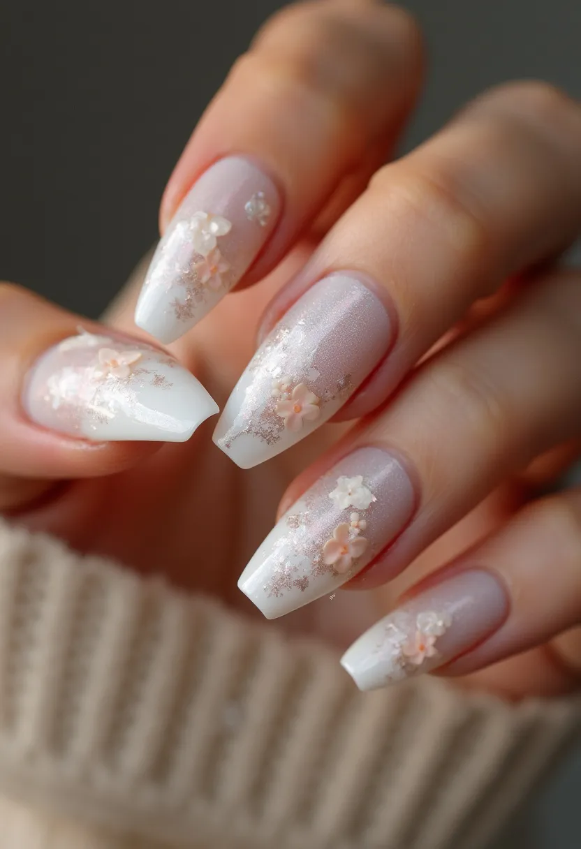 The nails feature a soft, elegant color palette predominantly consisting of pale pink and white hues. The nails are shaped in a long, tapered coffin style, giving them a refined and contemporary look. The design includes delicate, three-dimensional floral decorations in light pastel colors, accentuated by subtle hints of shimmer and translucent overlays. Judging by the smooth and glossy finish, the treatment appears to utilize gel polish, which helps in achieving a long-lasting and polished appearance. This nail design exudes a romantic springtime or wedding theme, perfect for special occasions that call for soft, sophisticated beauty.