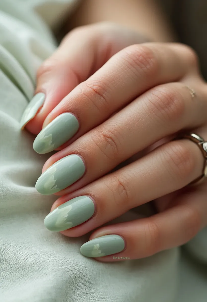 The nail design features a soft, sage green color palette with subtle off-white accents painted in a delicate, imperfect pattern that adds a touch of natural elegance to the overall look. The nails are shaped in an almond style, giving them a sophisticated and slightly elongated appearance. This manicure appears to use a gel treatment, evident from the high-gloss finish and durability indicated by the smooth surface. The minimalist design and serene color choice suggest an aesthetic suitable for springtime or a casual, yet refined, occasion. The simplicity and muted tones convey a sense of calm sophistication, perfect for someone looking for understated, chic nail art.