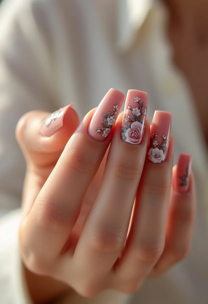 This nail design features a soft, pastel pink base color that creates a delicate and elegant look. The nails are shaped into a long, squared-off style, providing a broad canvas for intricate detailing. Adorned with white and pink florals and subtle green foliage, the nails exhibit an elaborate and feminine touch. The floral patterns are finely detailed, showcasing roses and other small flowers, which add a sophisticated charm. The use of gel polish gives the nails a glossy finish, enhancing the overall design's vibrancy and durability. This floral theme is versatile, perfect for spring and special occasions like weddings or garden parties, highlighting a classic and timeless beauty.