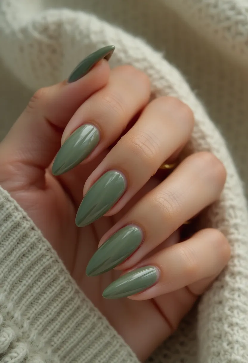 The nail design features an elegant almond shape, characterized by its slightly tapering sides and rounded tips. The nail color palette consists of a muted, olive green which appears to be applied evenly across all nails. This hue is subtly sophisticated and could easily transition from casual to more formal settings. The finish appears glossy, suggesting either a gel or shellac treatment, which is known for its long-lasting and shiny properties. There are no intricate patterns or decorations; the simplicity of the single-color application highlights the refined choice of the green shade. This minimalist yet stylish design could be perfect for the fall season, complementing the earthy colors often associated with autumn fashion.