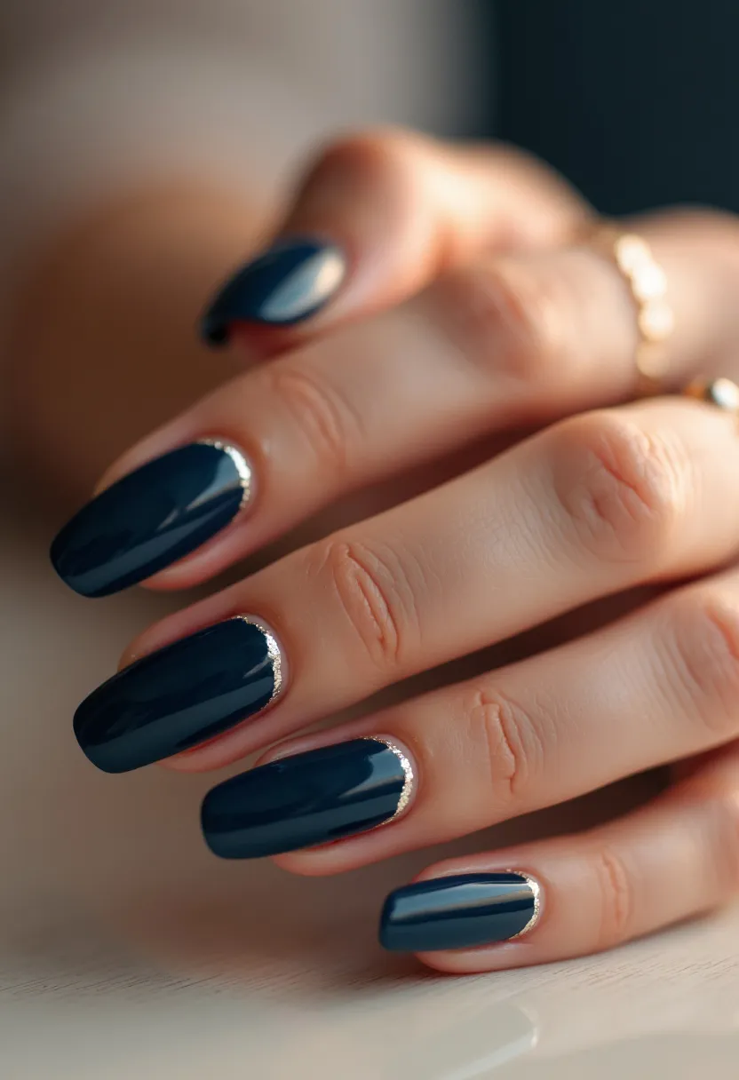 This nail design showcases medium-length, oval-shaped nails painted with a deep navy blue color, reflecting a sophisticated and elegant palette. The nails feature a silver metallic accent along the cuticles, adding a touch of luxury and contrast to the overall design. This design likely utilizes gel polish, given the high-gloss finish and durability typical of gel treatments. The intricate silver detail along the cuticles provides a chic and modern twist to the classic navy shade, making this design suitable for formal occasions or as a stylish autumn or winter look.