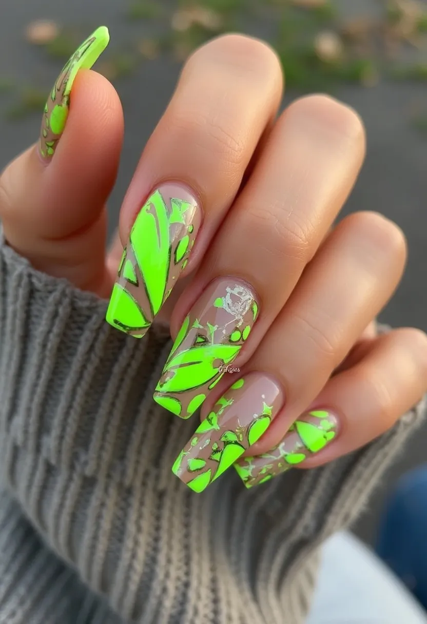 The nail design features a vibrant color palette dominated by neon green and accented with metallic silver elements, creating a striking contrast against the natural translucent base. The nails are elegantly shaped into a long, square tip which showcases the intricate patterns. The designs include abstract, organic shapes and lines, with some areas resembling shattered glass or stained glass effects. The neon green segments are bordered with thin silver lines, adding depth and dimension. This nail treatment appears to be done using a gel, as indicated by the high-gloss finish and the precision of the design. This bold and contemporary style is perfect for making a statement at a trendy event or celebration.