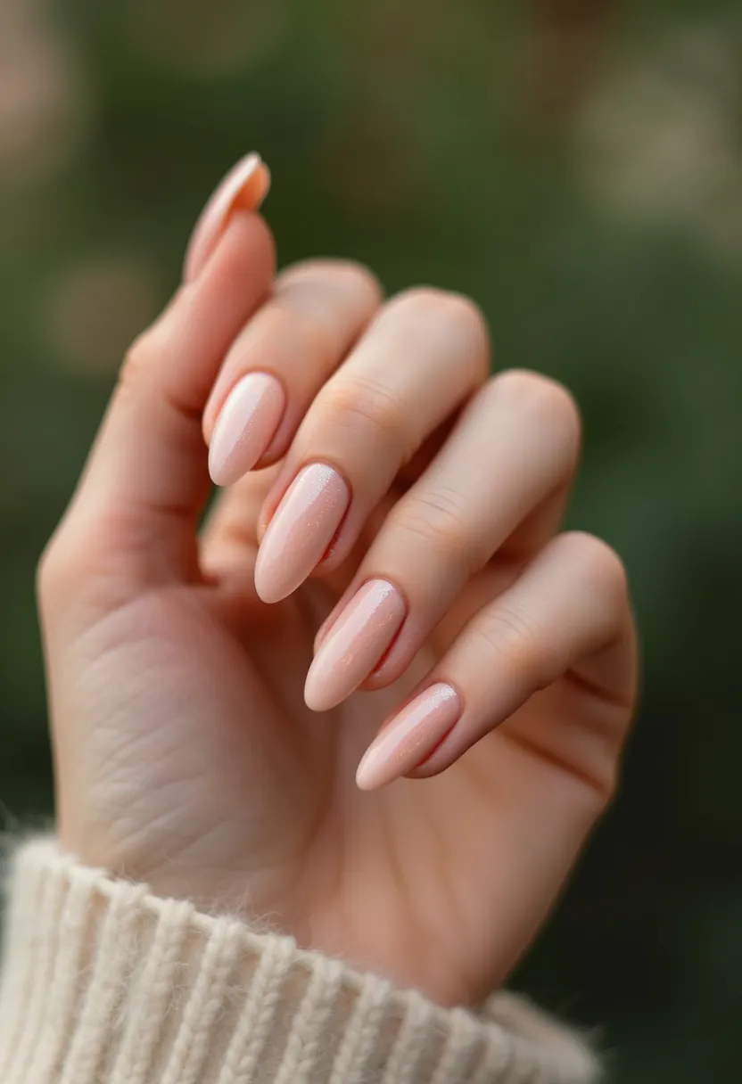 The nail design showcases a sophisticated palette dominated by a soft, pale pink color accented with a subtle shimmer. The nails are shaped in a graceful almond style, adding to the elegant and refined appearance. There are no intricate patterns or additional decorations, keeping the overall look clean and minimalist. The chosen nail treatment appears to be a gel application, evident by the high-gloss finish and durability. This design is versatile and can complement any occasion, but its understated elegance makes it particularly suitable for professional settings or special events requiring a touch of sophistication.