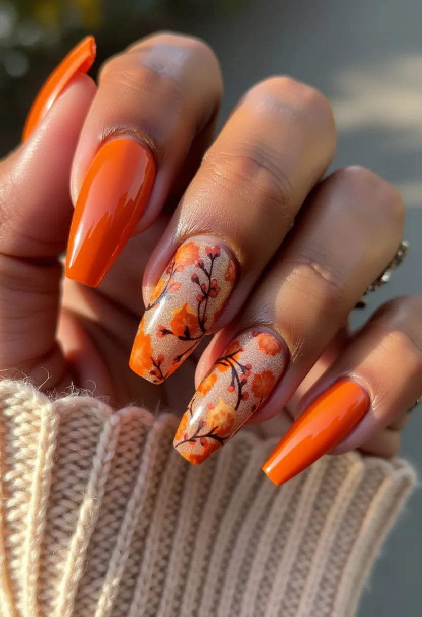 The nail design features a striking nail color palette composed of vibrant orange hues. The nails are shaped in a long, tapered coffin style. Two of the nails showcase intricate floral patterns with autumnal leaves and branches against a subtle shimmery base, adding a touch of seasonal elegance. The nail treatment appears to be gel-based due to the high-gloss finish and smooth application. The design suggests an autumn theme, perfect for showcasing the beauty of the fall season with its warm and inviting colors. The combination of solid orange nails and detailed floral accents provides a balanced and eye-catching look.