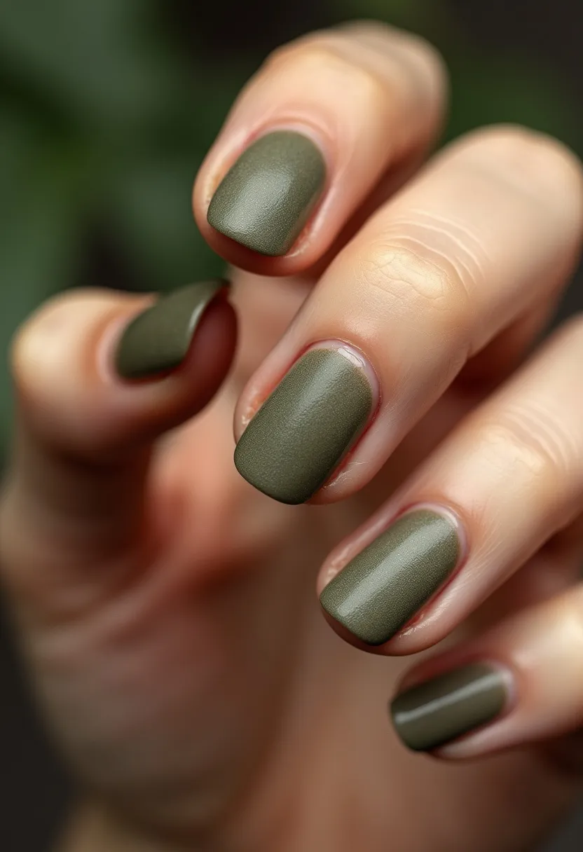 The nails in the design feature a muted olive green color palette with a matte finish, exuding a subdued elegance. The shape of the nails is a classic square, providing clean lines and a structured appearance. There are no additional intricate patterns or decorations on the nails, emphasizing the simplicity and sophistication of the design. The treatment appears to be a high-quality matte gel polish, ensuring a smooth and long-lasting finish. This minimalistic yet stylish design is suitable for a variety of occasions, leaning slightly towards an autumnal season theme due to the earthy green hue.