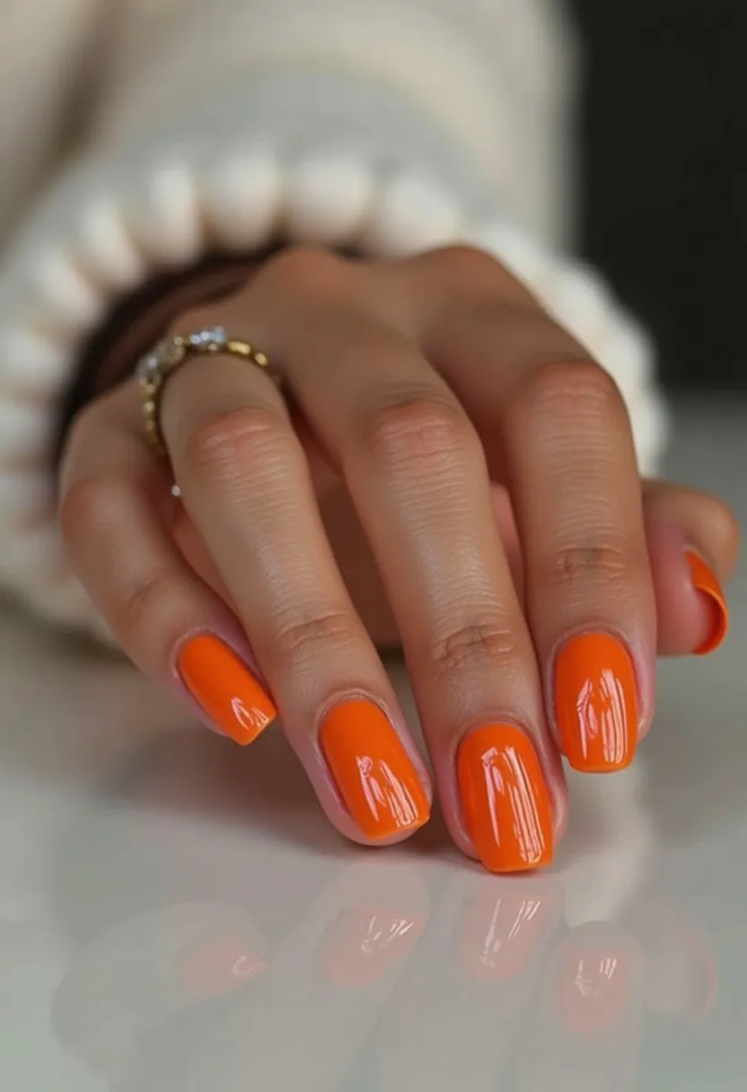 The nail design features a bold and vibrant orange color palette, with the nails shaped into a medium-length, slightly squared oval, commonly referred to as a squoval shape. The finish appears glossy and smooth, indicative of a gel manicure, providing a shiny and durable coating. The design is simple and classic, without intricate patterns or decorations, focusing solely on the vivid orange hue. This type of nail design, with its bright color, is often associated with summer or festive occasions, adding a cheerful and lively touch to the overall look.