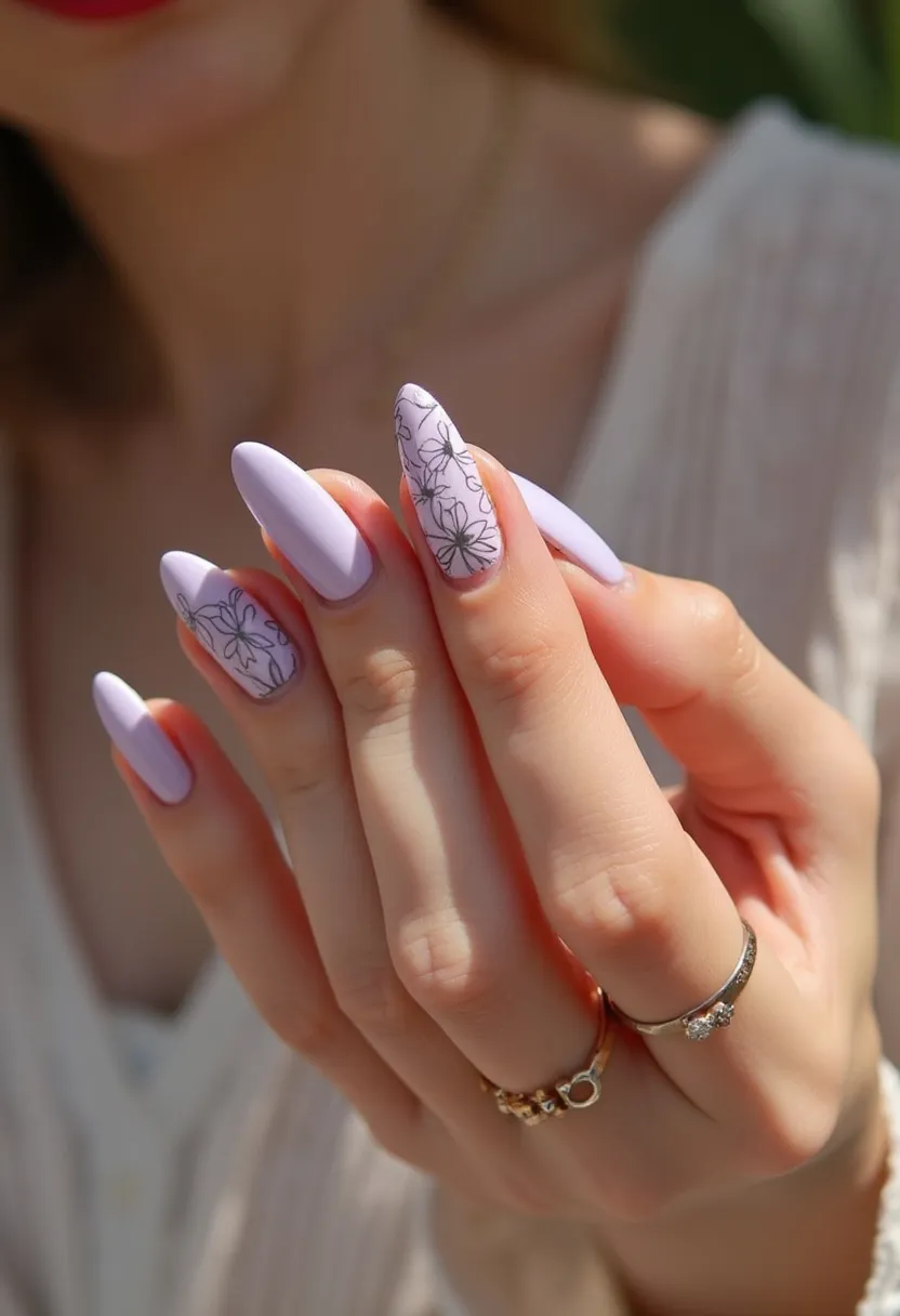 The nail design features a light lavender color palette, creating a soft and elegant look suitable for spring or summer. The nails are shaped in a long, almond style, adding a refined and feminine touch. Intricate black floral patterns gracefully decorate the middle and ring fingers, offering a charming contrast and artistic detail to the overall aesthetic. The finish appears smooth and glossy, indicative of a gel or possibly shellac treatment, which enhances durability and shine. The design is sophisticated and versatile, ideal for both casual and formal occasions.