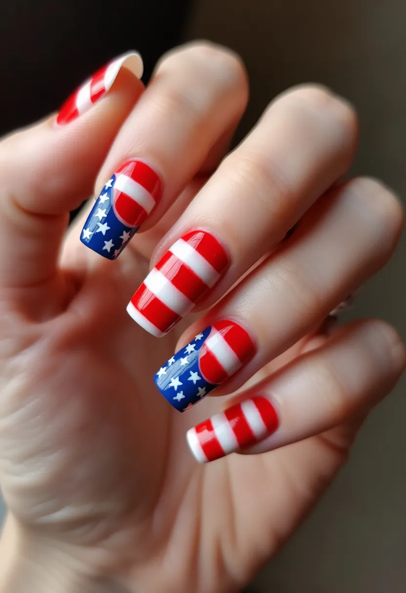 The nail design features a patriotic-themed color palette, prominently showcasing red, white, and blue hues. The nails are medium length with a squared tip shape. The design alternates between red and white horizontal stripes on most nails, while the ring finger and thumb are accentuated with a blue base merged with white stars, emulating sections of a national flag. The precise and glossy finish indicates a gel manicure, ensuring durability and a vibrant shine. This theme is suitable for national holidays or celebrations, reflecting a festive and patriotic fervor.