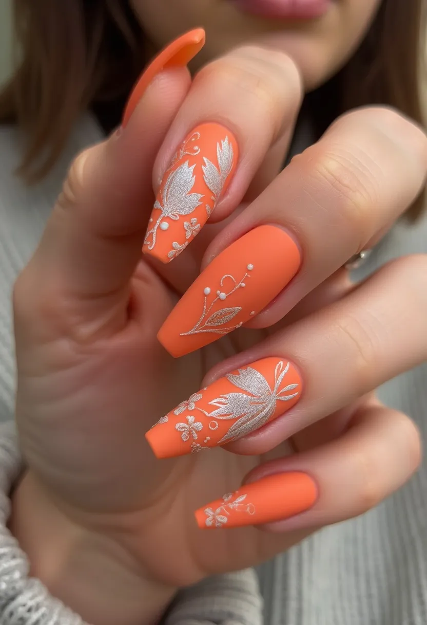 The nail design features a vibrant orange base color that serves as a striking background for intricate white designs. The nails are long and have a coffin shape, characterized by their square tips. The decorations include delicate floral patterns and leaves, executed in white with a slightly raised, embossed texture, adding a depth and elegance to the design. These nails appear to be done in a gel treatment, providing a smooth, glossy finish that enhances the vividness of the colors. The overall look is bold and sophisticated, making it suitable for a special occasion or seasonal celebration, likely in spring or summer due to the bright and lively color palette.