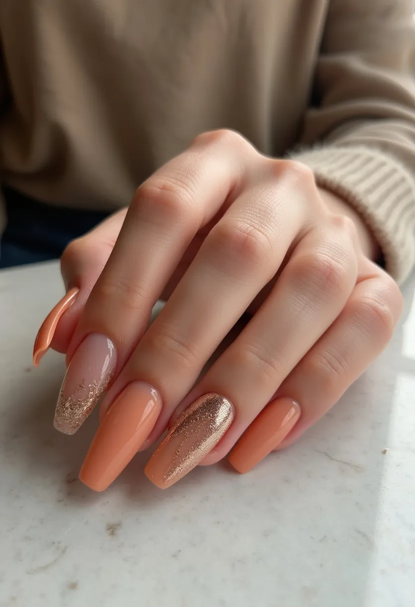 The nail design features an elegant manicure that uses a warm and sophisticated color palette consisting of peach and rose gold hues. The nails are shaped into a long, square-tipped or coffin style. The design includes a combination of solid peach color and intricate rose gold glitter patterns. Notably, two nails display unique decorations: one with a gradient glitter effect towards the tips and another fully coated in shimmering rose gold. This look suggests the use of gel or acrylic nail treatment, ensuring a glossy and long-lasting finish. The design exudes a festive or celebratory vibe, making it suitable for special occasions, particularly during warmer seasons or fall festivities.