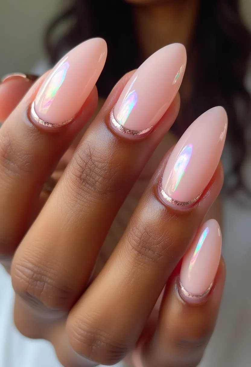 The nail design features a soft, pastel pink color palette, creating a delicate and elegant look. The nails are shaped in a long, almond style, which gives them a sophisticated and feminine appearance. Each nail is accentuated with a subtle shimmer, highlighting a holographic sheen that adds a touch of modern flair. At the base of each nail, there is a fine, glittery silver line which acts as a decorative, minimalist border. This nail art appears to be achieved using gel polish, providing a glossy and durable finish. The overall design is versatile, suitable for both everyday wear and special occasions, with a subtle hint of festivity due to the holographic and glitter elements.