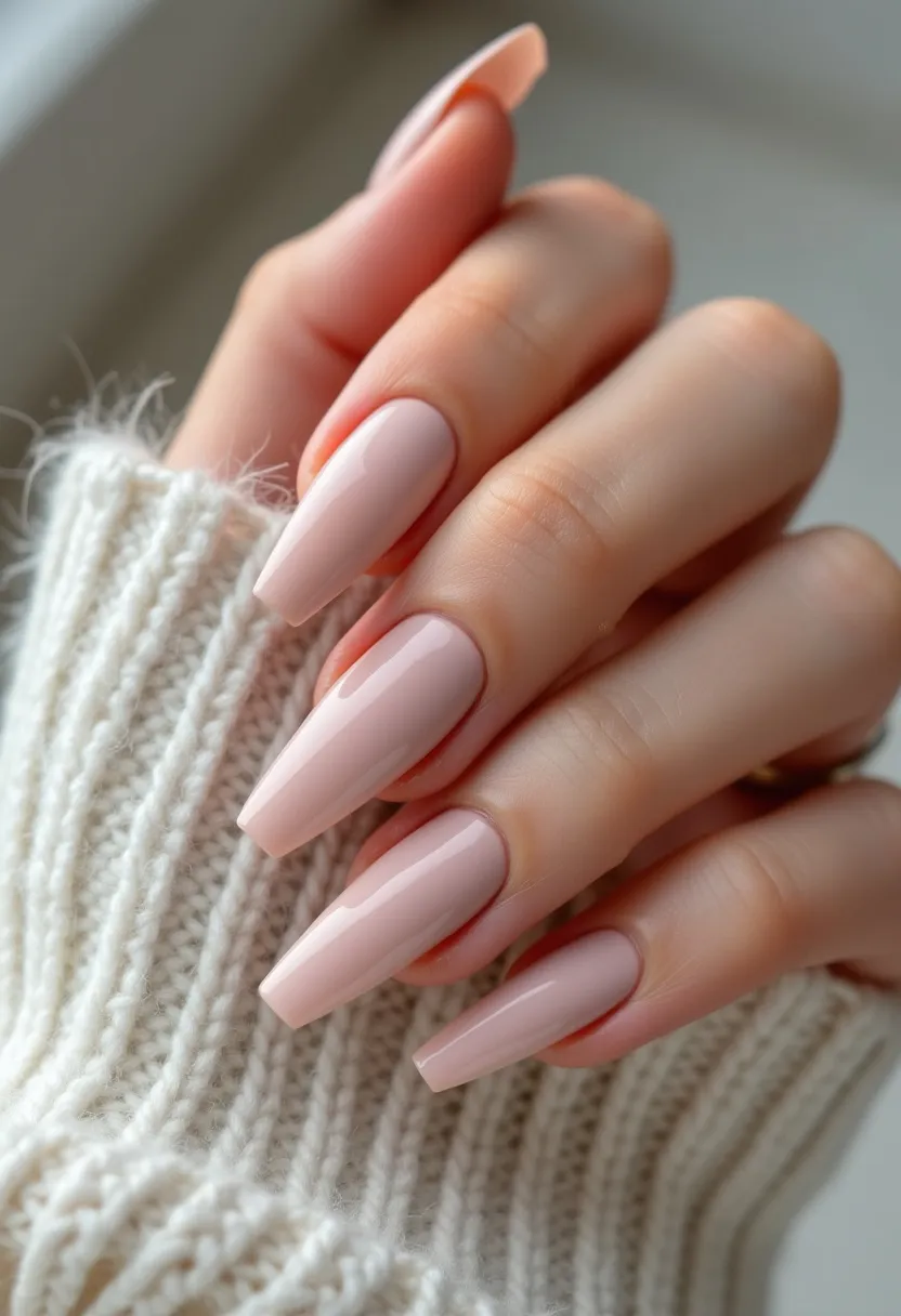 The nail design features a polished and sophisticated look with a palette dominated by a soft, pastel pink. The nails are long and shaped into a stiletto form, emphasizing an elegant and elongated silhouette. The surface of the nails is smooth and glossy, indicative of a gel or acrylic treatment known for its durability and high-shine finish. There are no additional intricate patterns or decorations, making the design minimalist and chic. Given the subdued color and refined appearance, this nail design is versatile and suitable for any season or special occasions, adding a touch of femininity and class to the overall look.