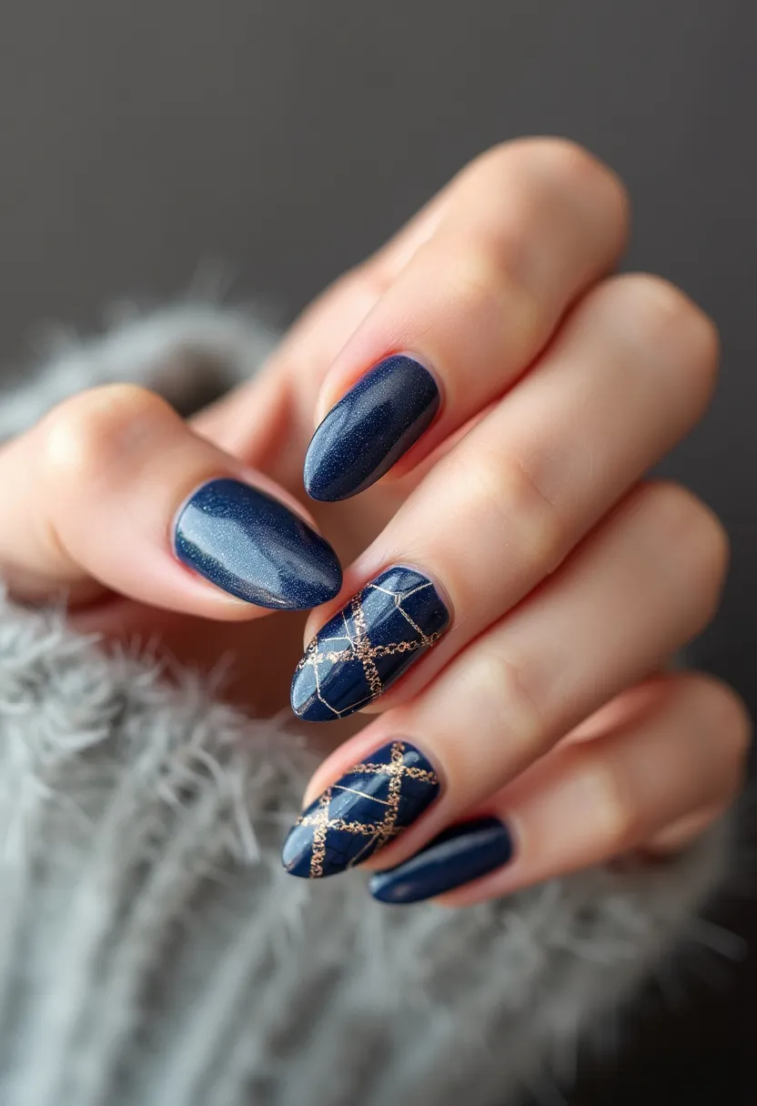 The nail design features a sophisticated and elegant palette of deep navy blue, which is complemented by a subtle shimmer. The nails are shaped in an almond fashion, creating a balanced and refined appearance. Two of the nails display intricate gold foil patterns, forming a chic geometric design that adds a touch of luxury and complexity to the overall look. The type of nail treatment appears to be gel, providing a glossy and durable finish. The design's rich color and intricate detailing make it suitable for a variety of special occasions, particularly evening events or festive celebrations.