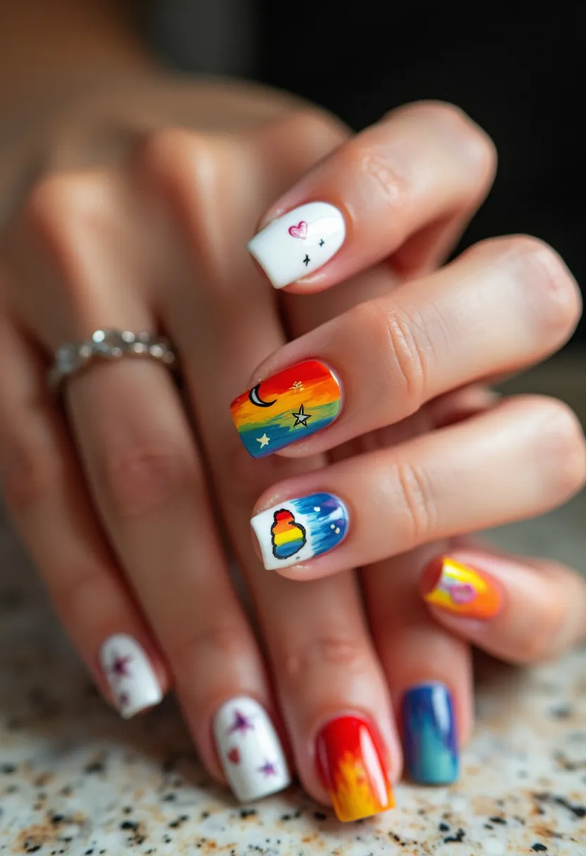 This nail design features a vibrant and eclectic color palette, incorporating shades of white, red, orange, yellow, blue, and rainbow gradients. The nails are medium in length and sport a square shape. Decorative patterns include heart motifs, colorful stars, a rainbow-colored unicorn head, and an enchanting night sky with a crescent moon and shooting stars. Highlighting a blend of whimsical and celestial themes, intricate designs are painted on each nail, showcasing artistry and attention to detail. The application appears to be gel treatment, enhancing durability and shine. This design is playful and versatile, suitable for any season or special occasion where a touch of creativity and joy is desired.