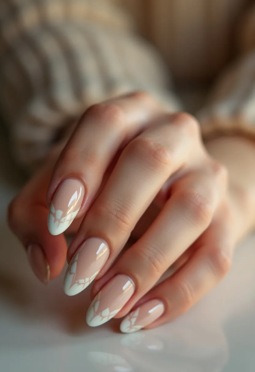 This nail design features a soft and elegant color palette with a nude base and white tips. The nails are almond-shaped, providing a sophisticated and elongated look to the fingers. The tips showcase an intricate pattern resembling delicate lace or floral motifs, adding a detailed and stylish touch to the design. The nails appear to be treated with gel, giving them a high-gloss finish and durability. The overall style is chic and may be suitable for special occasions such as weddings or formal events, as well as capturing a subtle winter theme with its delicate and understated elegance.