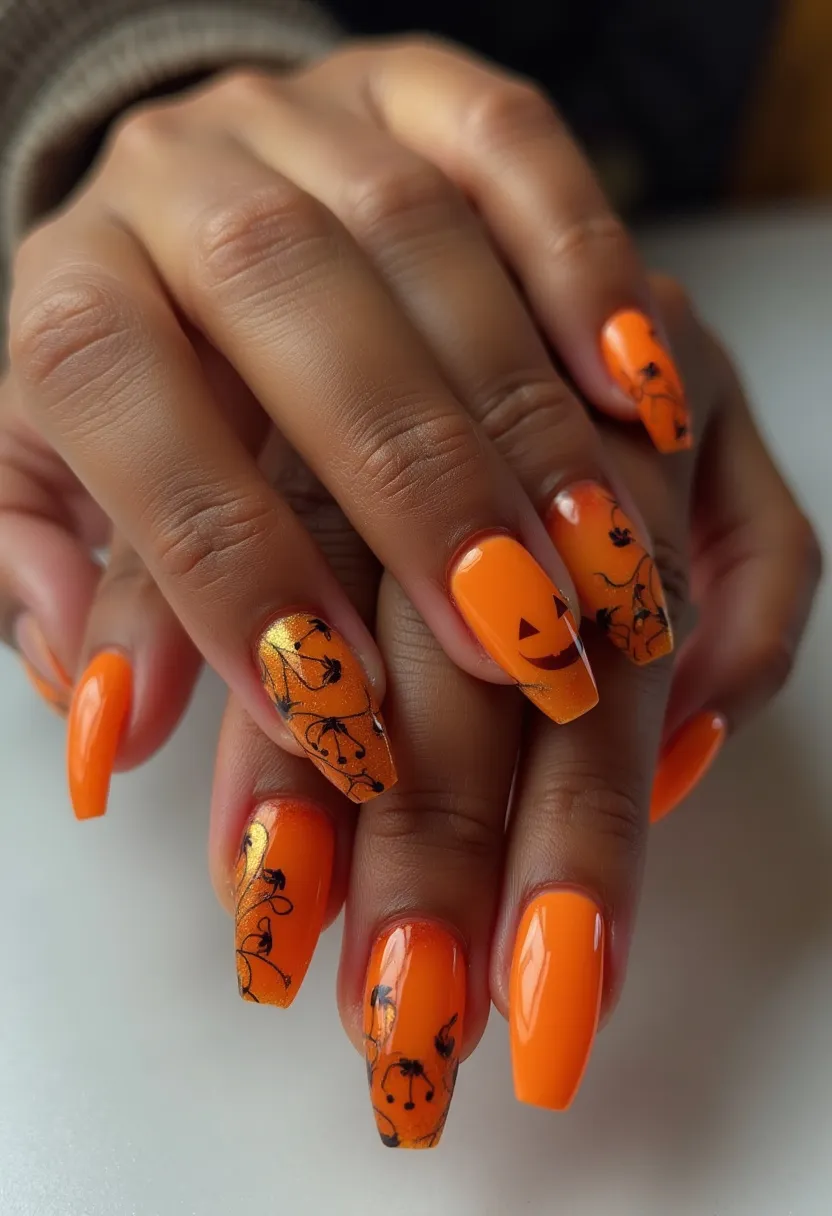 The nail design features a vibrant Halloween-themed orange color palette, prominently showcasing a festive and eye-catching appearance. The nails are manicured to a coffin shape, providing a stylish and trendy look. The intricate patterns on the nails include black Halloween-themed illustrations, such as spider webs and jack-o'-lantern faces, adding to the spooky aesthetic. The designs appear to be meticulously detailed, reflecting a skilled hand in nail artistry. The nails likely received a gel treatment, indicated by their smooth, glossy finish. This nail design is perfectly suited for the autumn season and Halloween celebrations, combining bright and bold colors with playful and thematic decorations for a fun and festive touch.