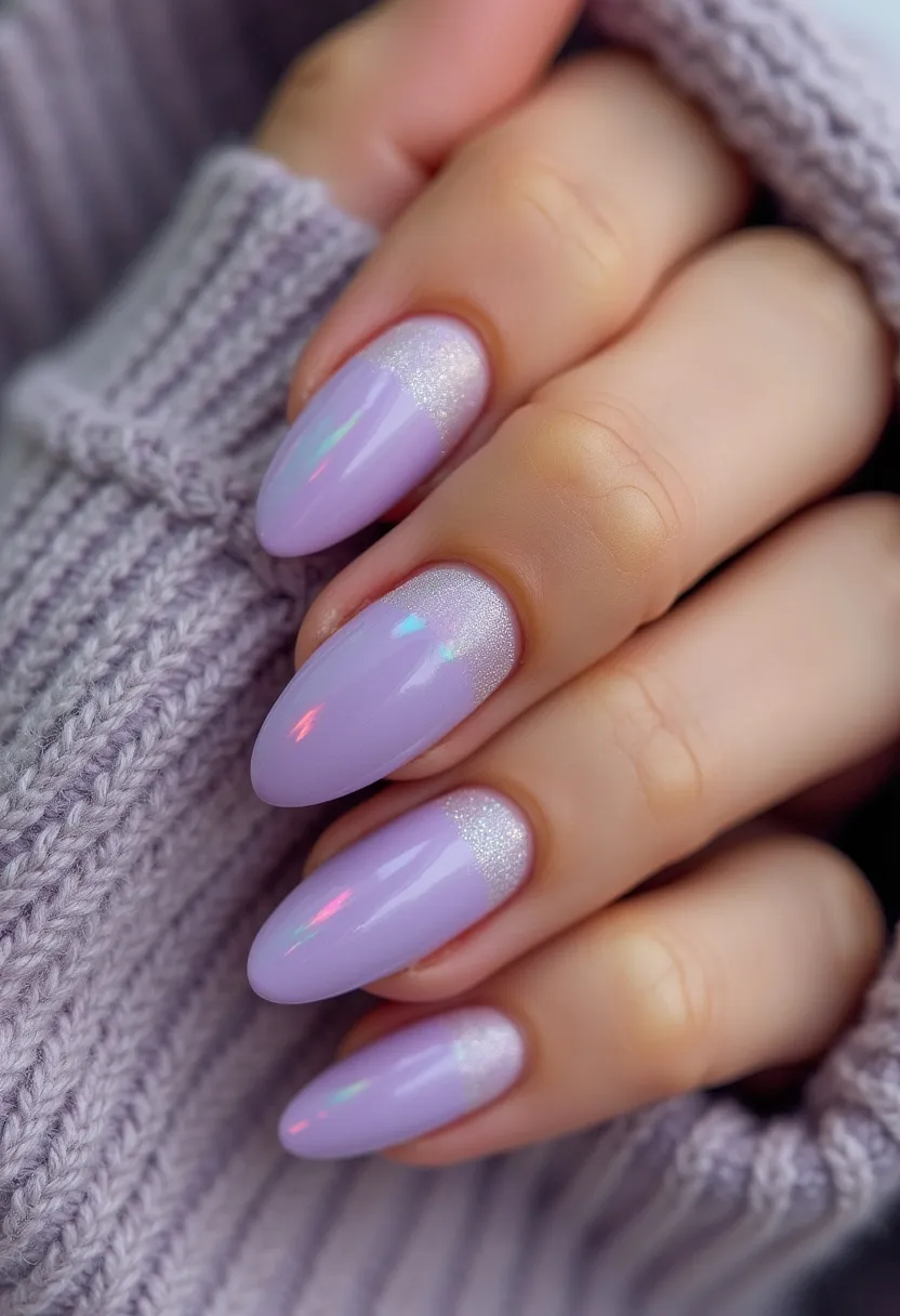 The nail design features a pastel lavender color palette with an iridescent, glossy finish, likely achieved through a gel treatment for durability and shine. The nails are almond-shaped, adding elegance to the overall look. The base of each nail is adorned with a shimmery, silver glitter half-moon design, creating a sophisticated contrast against the lilac hue. This design is subtle yet intricate, making it suitable for springtime or special occasions where a delicate and refined appearance is desired. The reflective quality of the gel treatment enhances the multidimensional aspect of the nails, giving them a captivating, holographic effect in various lighting conditions.