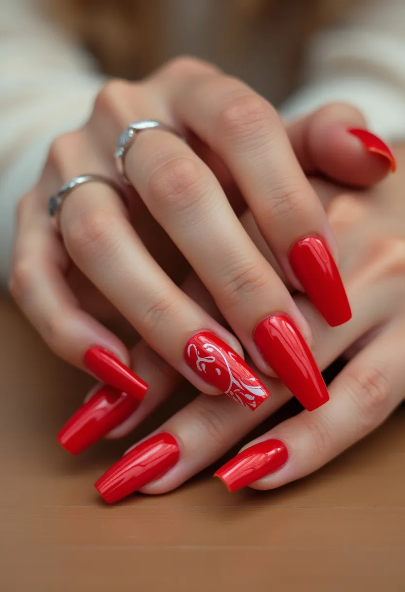 The nail design features a vibrant red color palette, creating a striking and bold look. The nails are shaped into long, square tips, giving them a modern and chic appearance. One nail stands out with intricate white swirling patterns, adding an elegant decorative touch to the overall design. Observing the high-shine finish and smooth application, it appears that a gel treatment was used to achieve this look. The vibrant red and delicate white accents make this design suitable for a festive or celebratory occasion, such as a holiday event or a special night out.