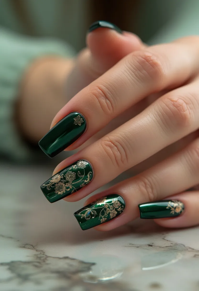 The nail design features a rich, forest green color palette that serves as the primary base. The nails are shaped in a medium-length, squared-off style, providing a chic and sophisticated appearance. Intricate gold floral patterns and delicate vines adorn several nails, adding an elegant and festive touch. The green base has a glossy finish that suggests a gel nail treatment, known for its durability and high shine. Unique details like small gold flower decals enhance the overall design, making it suitable for special occasions or seasonal celebrations, possibly winter holidays, due to the combination of green and gold colors.