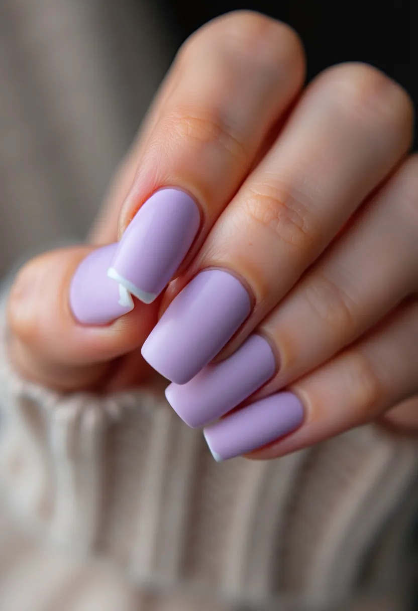 The nail design features a matte lavender color palette, creating a soft and feminine look. The nails are medium to long in length, following a square shape with rounded edges. The application appears to be very smooth, likely indicating a professional gel or acrylic treatment. There are no additional intricate patterns or decorations, allowing the solid pastel color to stand out. This simple yet elegant design could be appropriate for various occasions, from everyday wear to special events, and is especially fitting for the spring and summer seasons due to its light and fresh hue.