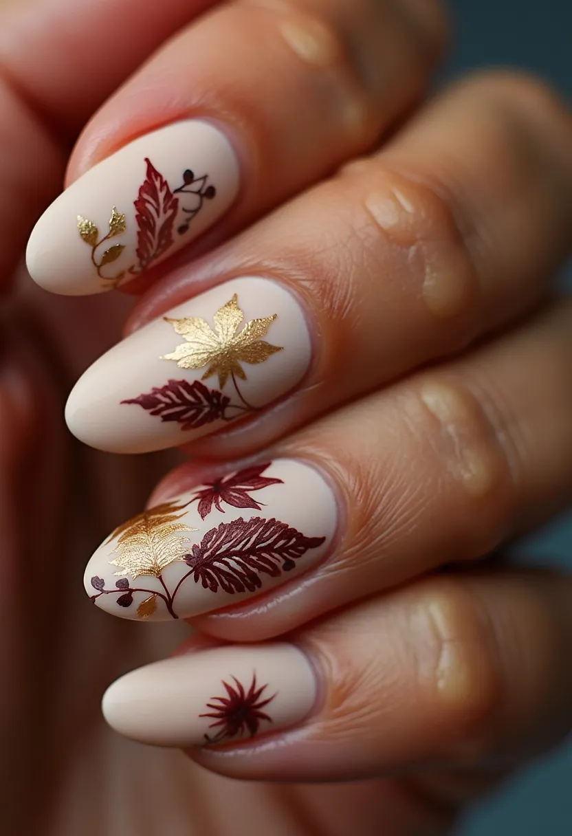 The nail design showcases a stunning autumn-inspired theme using a neutral beige base color that sets the stage for vibrant decorative accents. The nails are shaped in a neatly filed almond form, ideal for displaying intricate patterns. Each nail features exquisite leaf motifs, with designs consisting of gold and burgundy hues that capture the essence of fall foliage. The gold leaves add a touch of elegance and sophistication, while the burgundy leaves bring warmth and depth, perfectly harmonizing with the seasonal theme. It's likely that a gel or acrylic treatment has been used, given the high-quality finish and the durability of the detailed artwork. This design is perfect for celebrating the fall season and could be suitable for special occasions or everyday wear during autumn months.